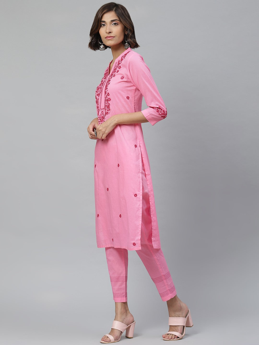Ada Hand Embroidered Rose Pink Cotton Lucknowi Chikankari Straight Kurta With Trouser Set A100339