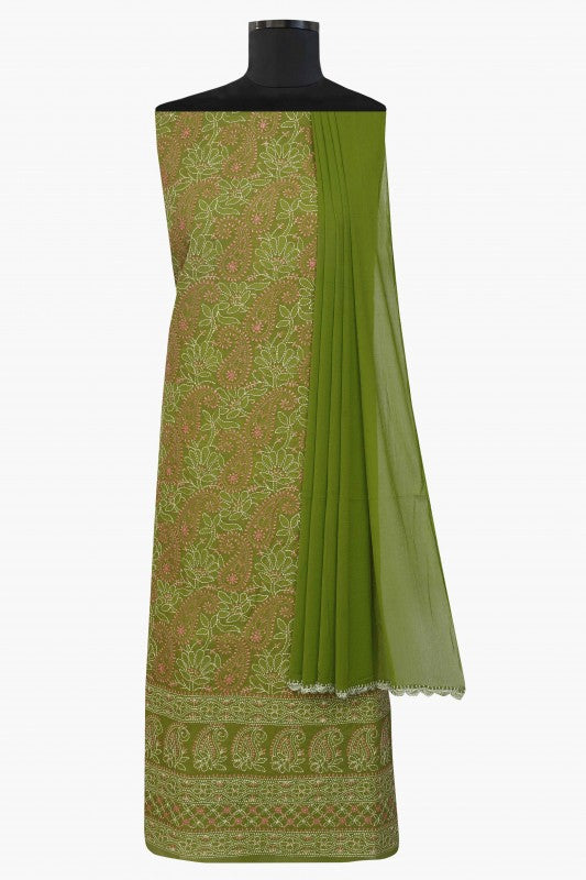 Ada Hand Embroidered Green Cotton Lucknowi Chikan Unstitched Suit Piece–A100245