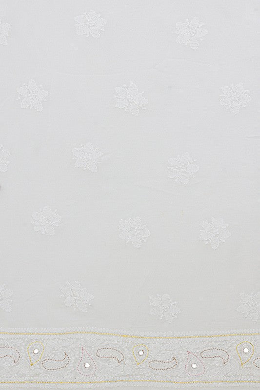 Ada Hand Embroidered White Georgette Lucknowi Chikan Unstitched Kurta Piece With Mirror Work A511727