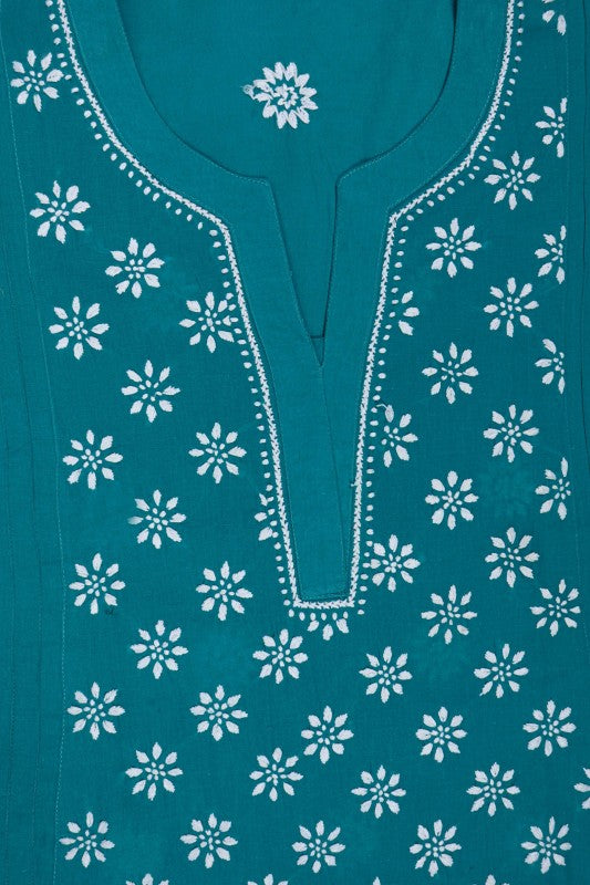 Ada Hand Embroidered Teal Blue Cotton  Lucknowi Chikankari Straight Kurti A911287