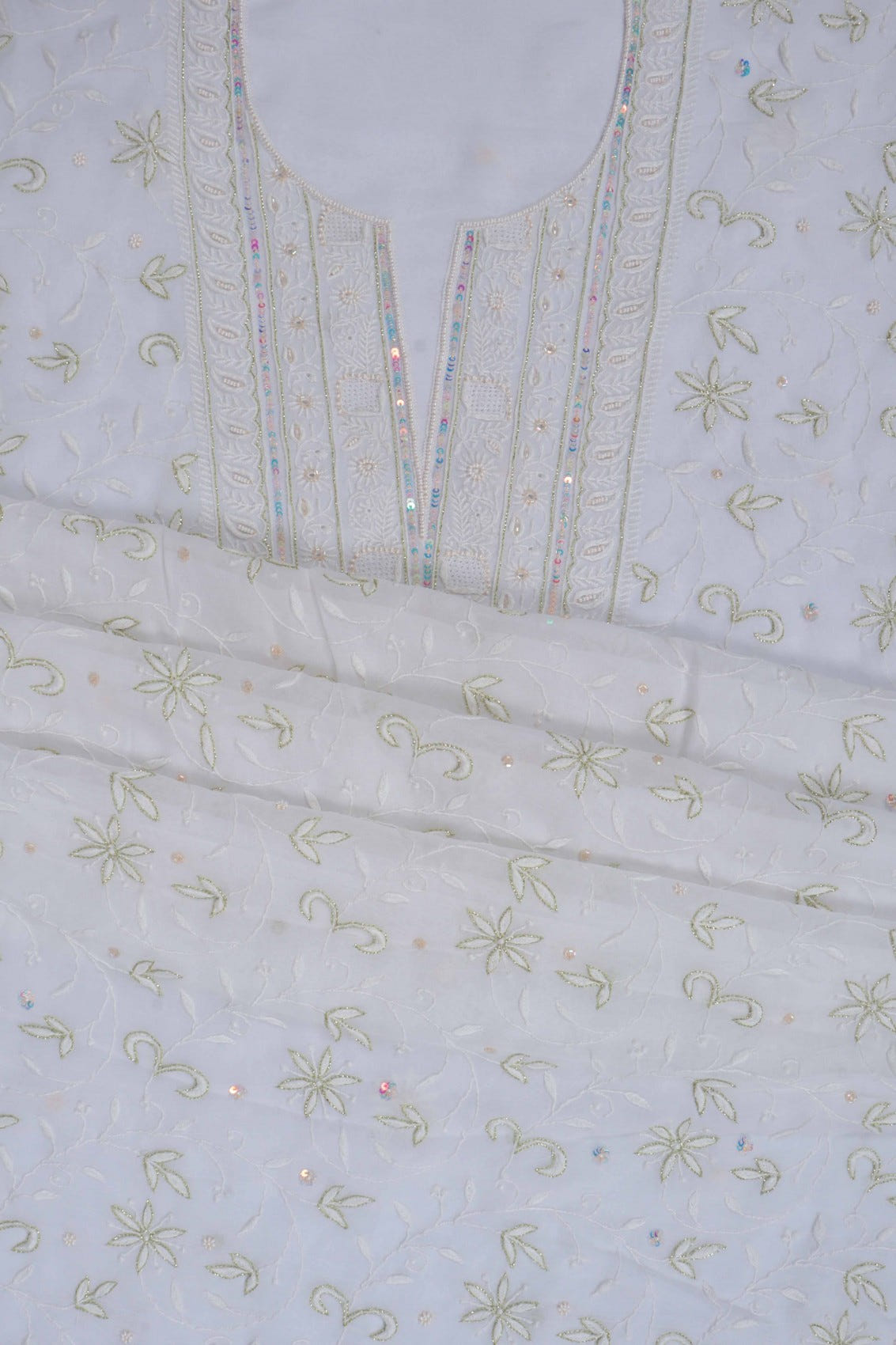 Ada Hand Embroidered White Viscose Georgette Lucknowi Chikankari Unstitched Kurta Dupatta Set With Pearl Work 01A197558