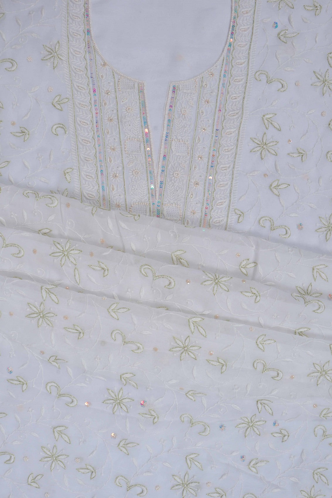 Ada Hand Embroidered White Viscose Georgette Lucknowi Chikankari Unstitched Kurta Dupatta Set With Pearl Work 01A197558