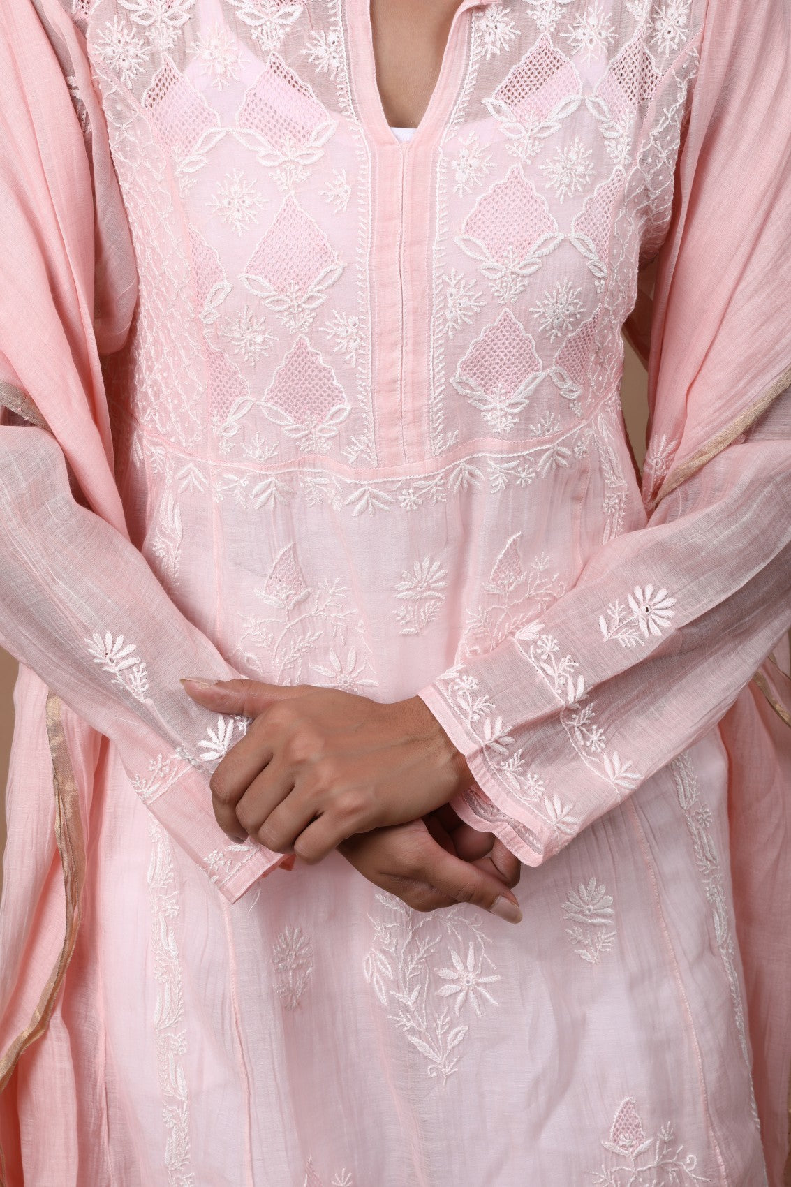 Ada Hand Embroidered Apricot Peach Chanderi Lucknowi Chikankari Semi-Stitched Anarkali Kurta Dupatta Set 01A247815