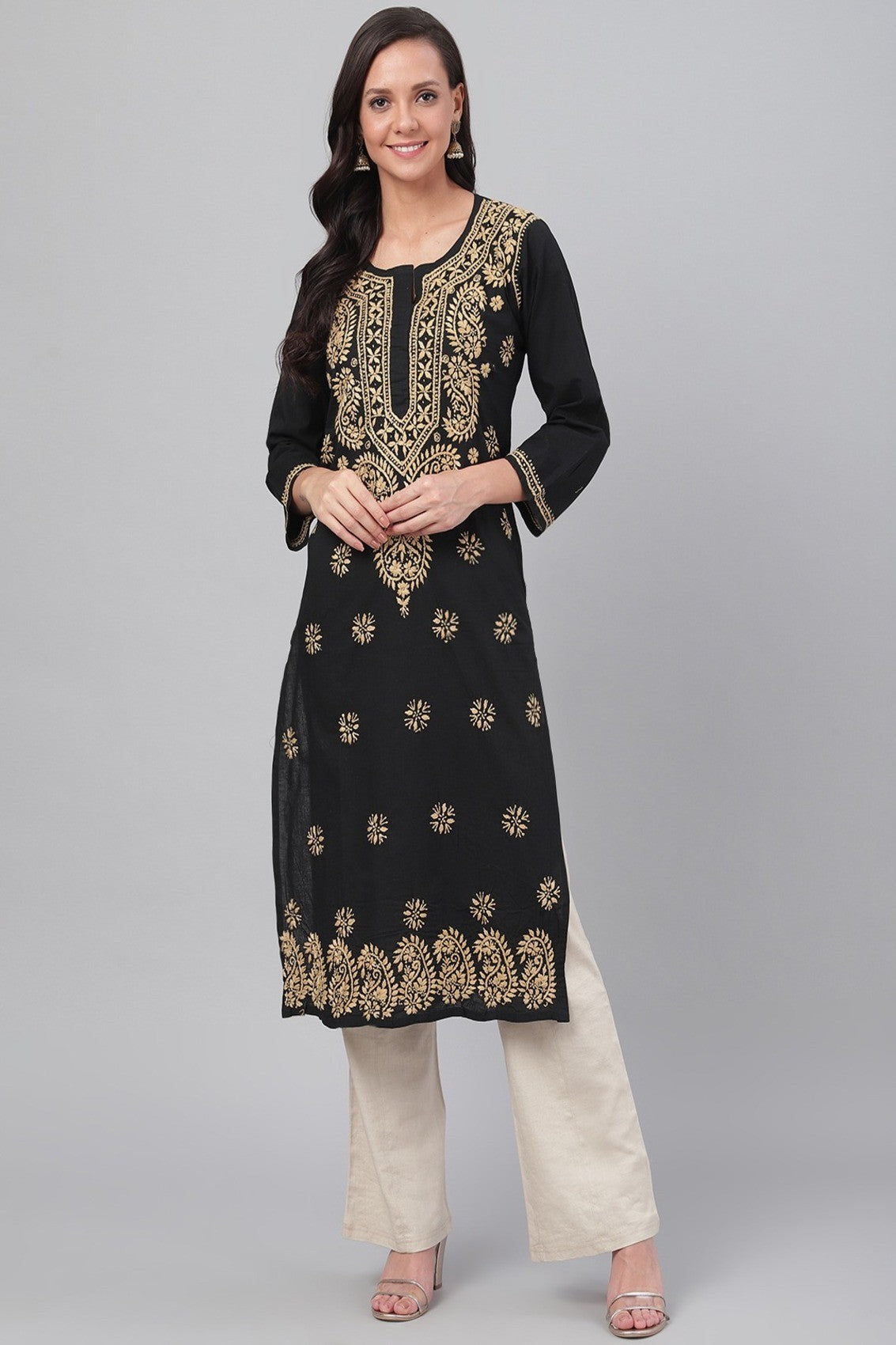 Ada Hand Embroidered Black Cotton Lucknowi Chikankari Straight Kurta A207632