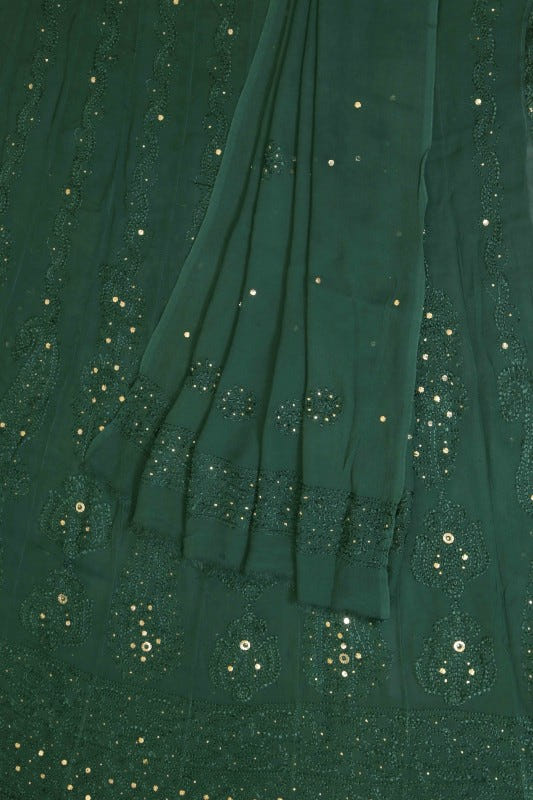 Ada Hand Embroidered Bottle Green Georgette Lucknowi Chikankari Semi-Stitched Anarkali Kurta Dupatta Set With Muqaish Work 01A12700