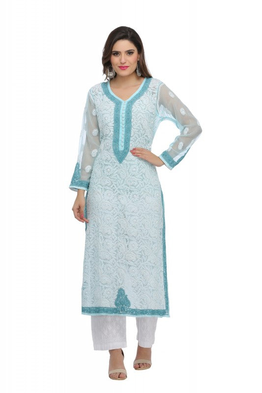 Ada Hand Embroidered Blue Faux Georgette Lucknowi Chikankari Straight Kurta with Slip-A244153