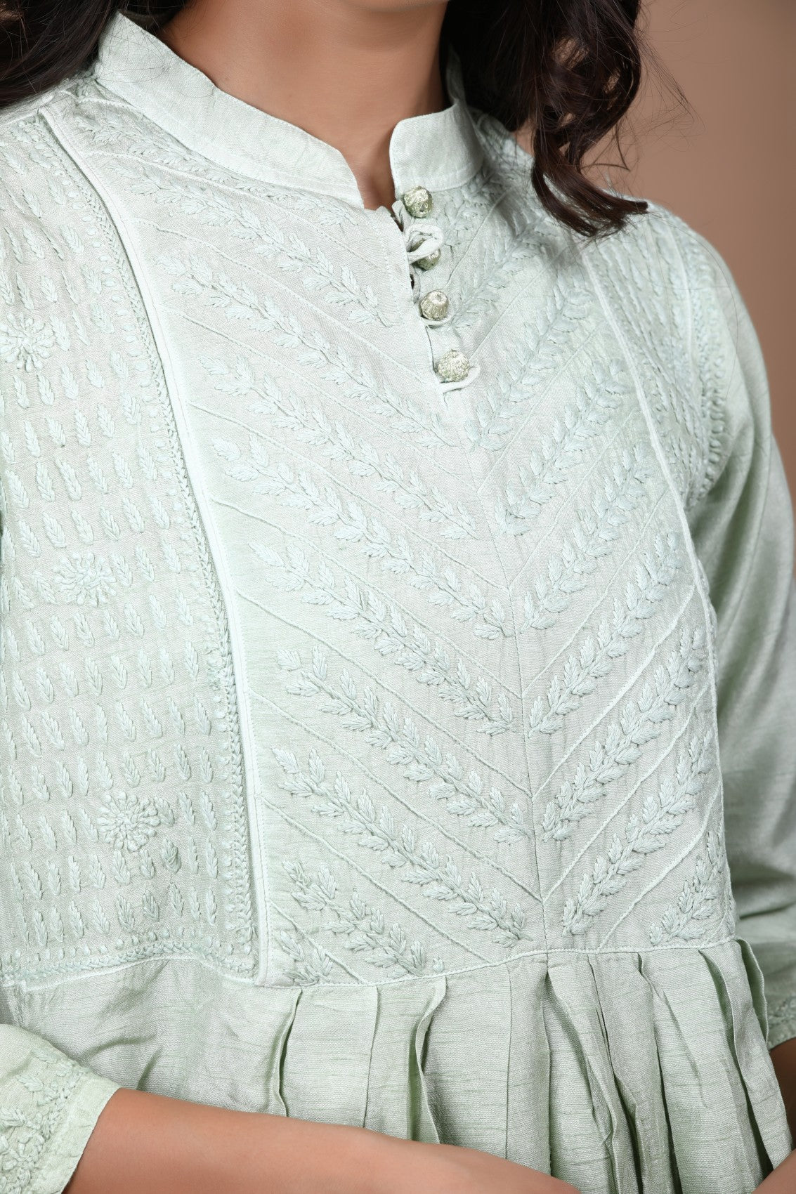Ada Hand Embroidered Pista Green Chanderi Lucknowi Chikankari A-Line Kurta 01A278811
