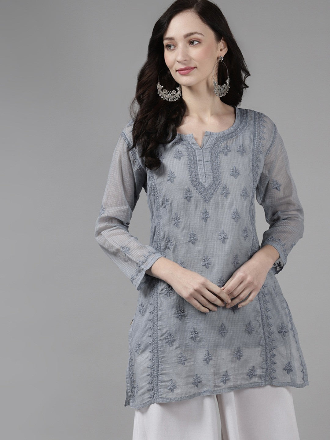 Ada Hand Embroidered Grey Kota  Lucknow Chikan Kurti With Slip A911156