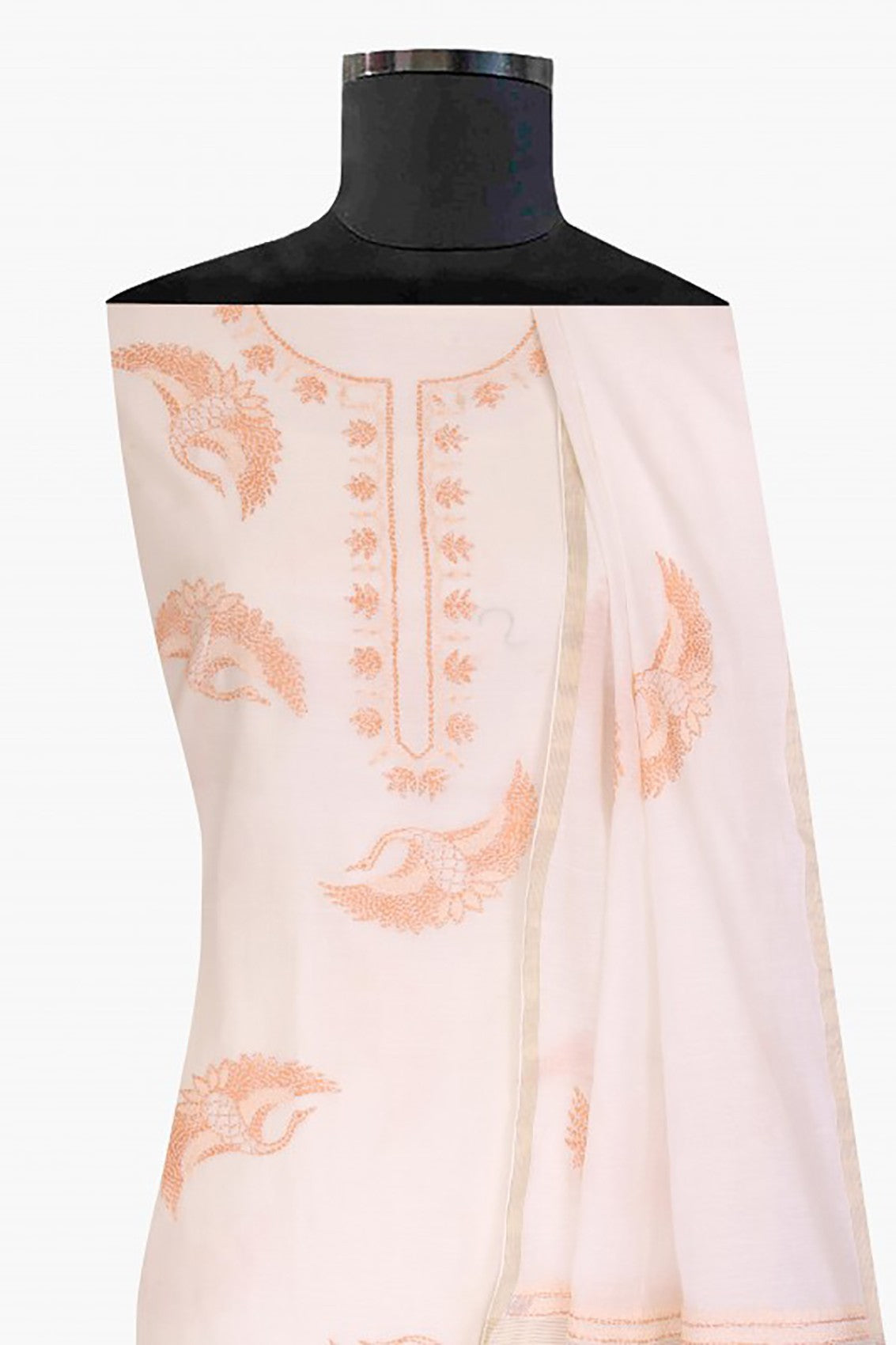 Ada Hand Embroidered Cream Chanderi Lucknowi Chikankari Unstitched Kurta Dupatta Set A360989