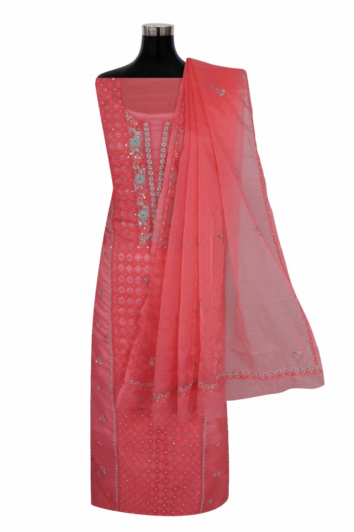Ada Hand Embroidered Carrot Pink Organza Lucknowi Chikankari Unstitched Kurta Dupatta Set With Cutdana Work 01A121931