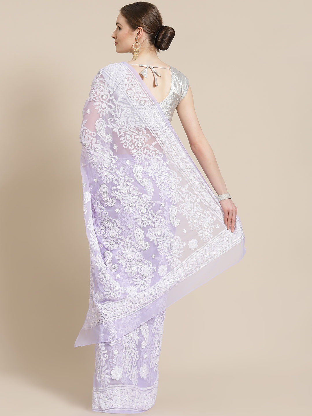 Ada Hand Embroidered Lavender Georgette Lucknow Chikan Saree With Blouse- A311239
