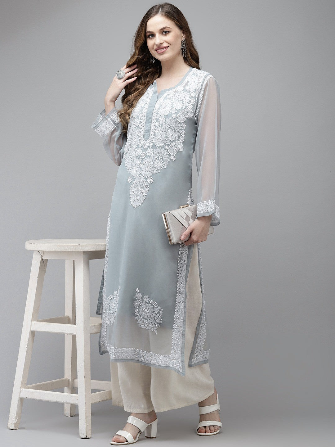 Ada Hand Embroidered Grey Georgette Lucknow Chikan Kurta with Slip A411358
