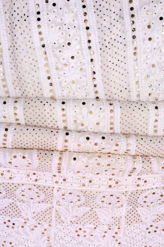 Ada Hand Embroidered White Georgette Lucknowi Chikankari Semi-Stitched Anarkali Kurta Dupatta Set With Muqaish Work 01A137140