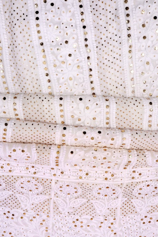 Ada Hand Embroidered White Georgette Lucknowi Chikankari Semi-Stitched Anarkali Kurta Dupatta Set With Muqaish Work 01A137140