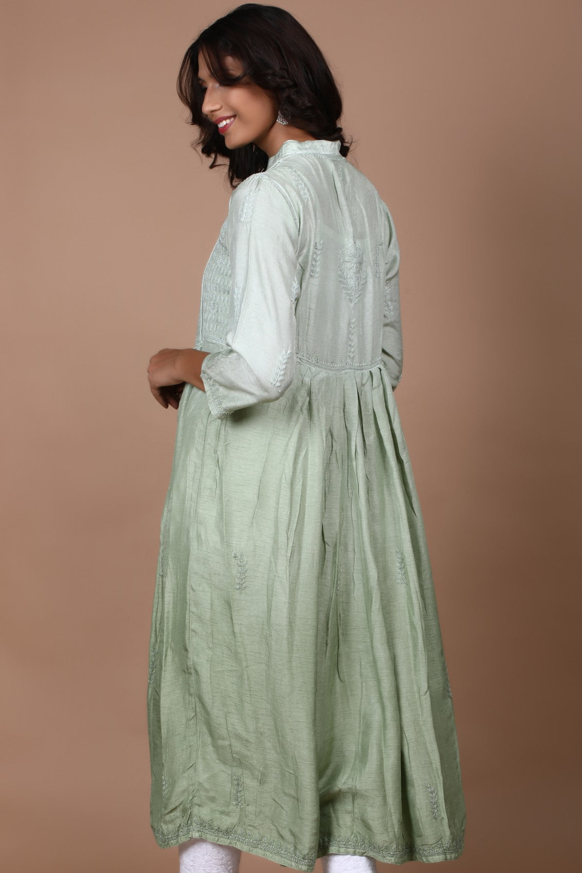 Ada Hand Embroidered Pista Green Chanderi Lucknowi Chikankari A-Line Kurta 01A278811