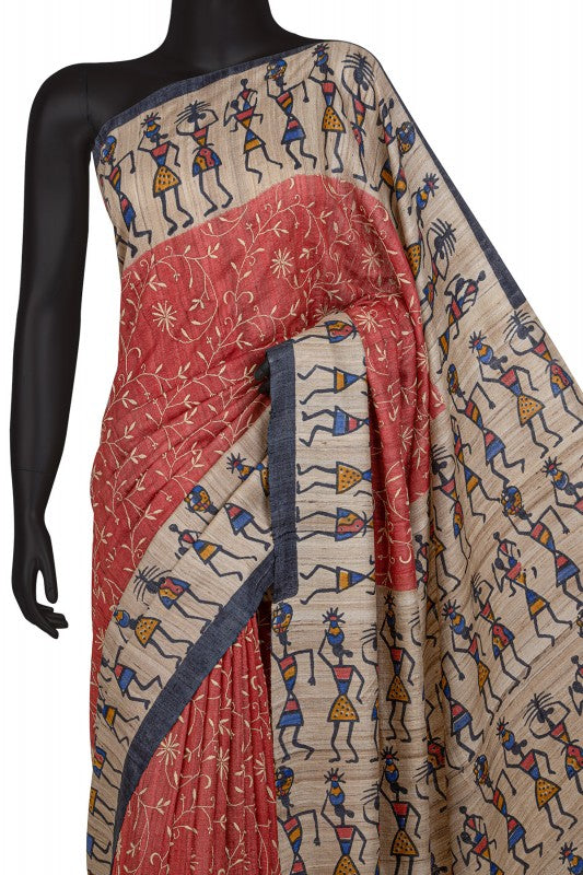 Ada Hand Embroidered Red Silk Lucknowi Chikankari Saree With Blouse A603872