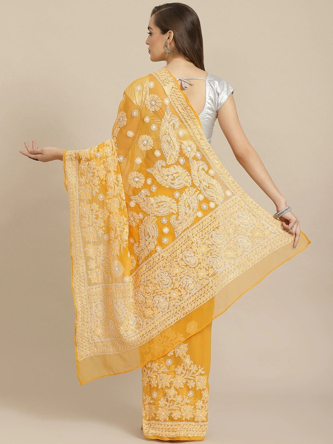 Ada Hand Embroidered Mustard Georgette Lucknow Chikan Saree with Blouse A311270