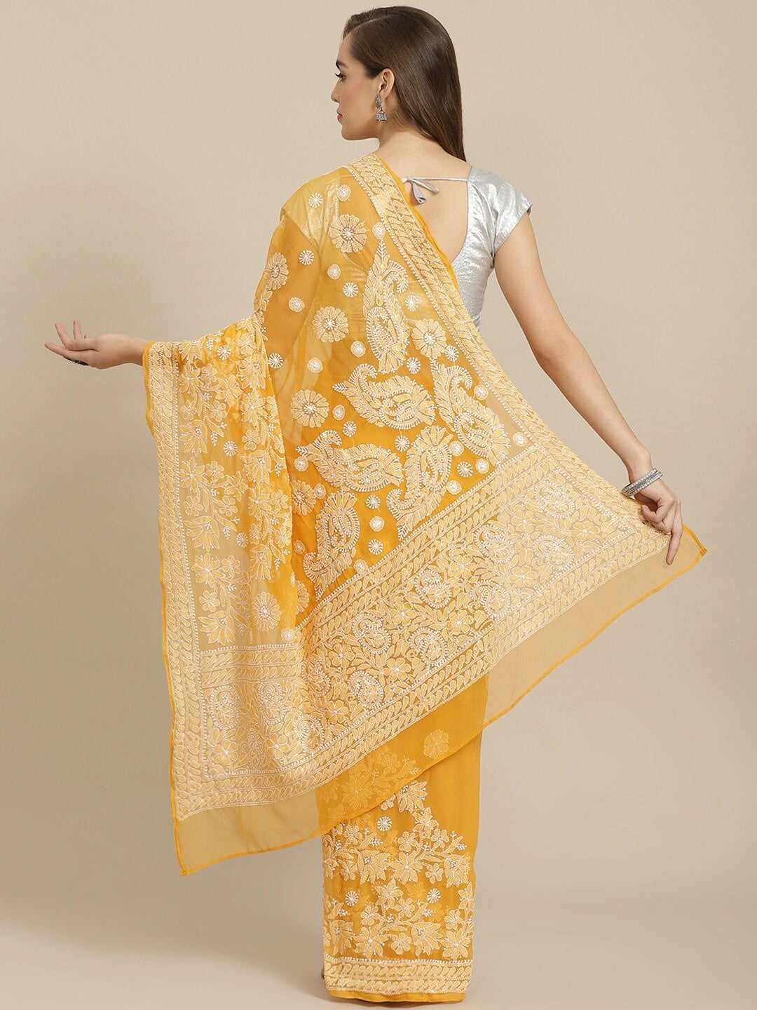 Ada Hand Embroidered Mustard Georgette Lucknow Chikan Saree with Blouse A311270