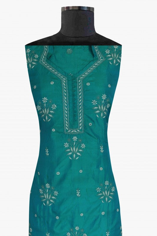 Ada Hand Embroidered Teal Blue Tusser Silk Lucknowi Chikan Semi-Stitched Kurta Piece - A631956