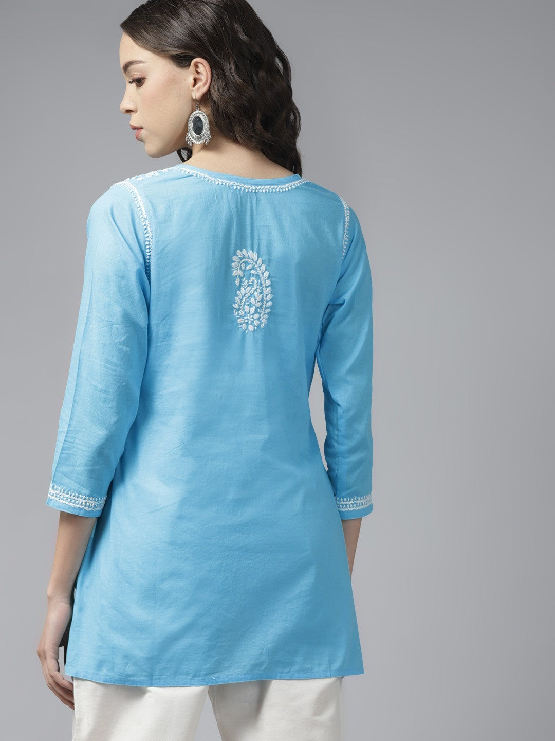Ada Hand Embroidered Sky Blue Cotton Lucknowi Chikankari Short Kurti A911186