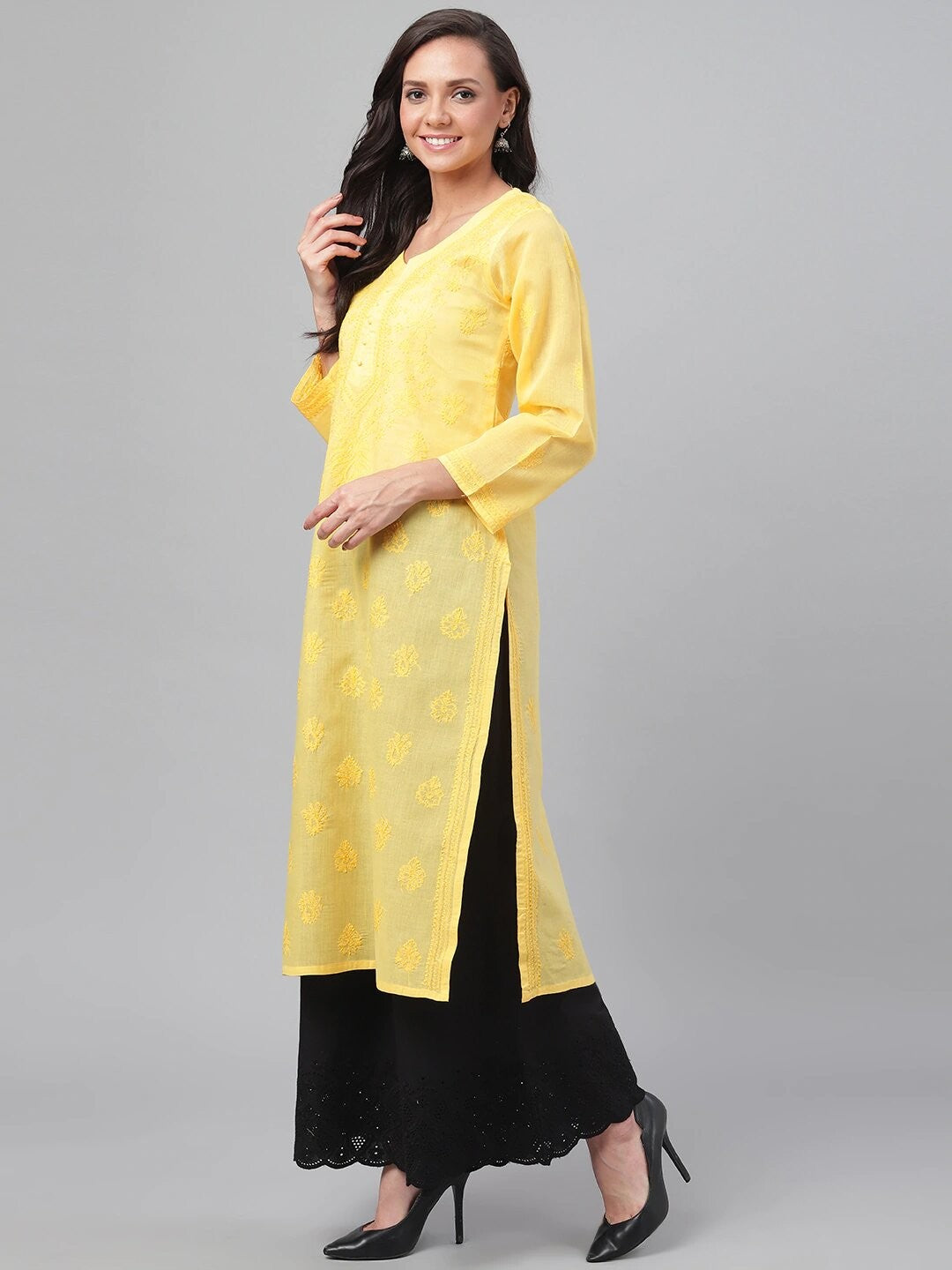 Ada Hand Embroidered Yellow Cotton Lucknowi Chikankari Straight Kurta A231421