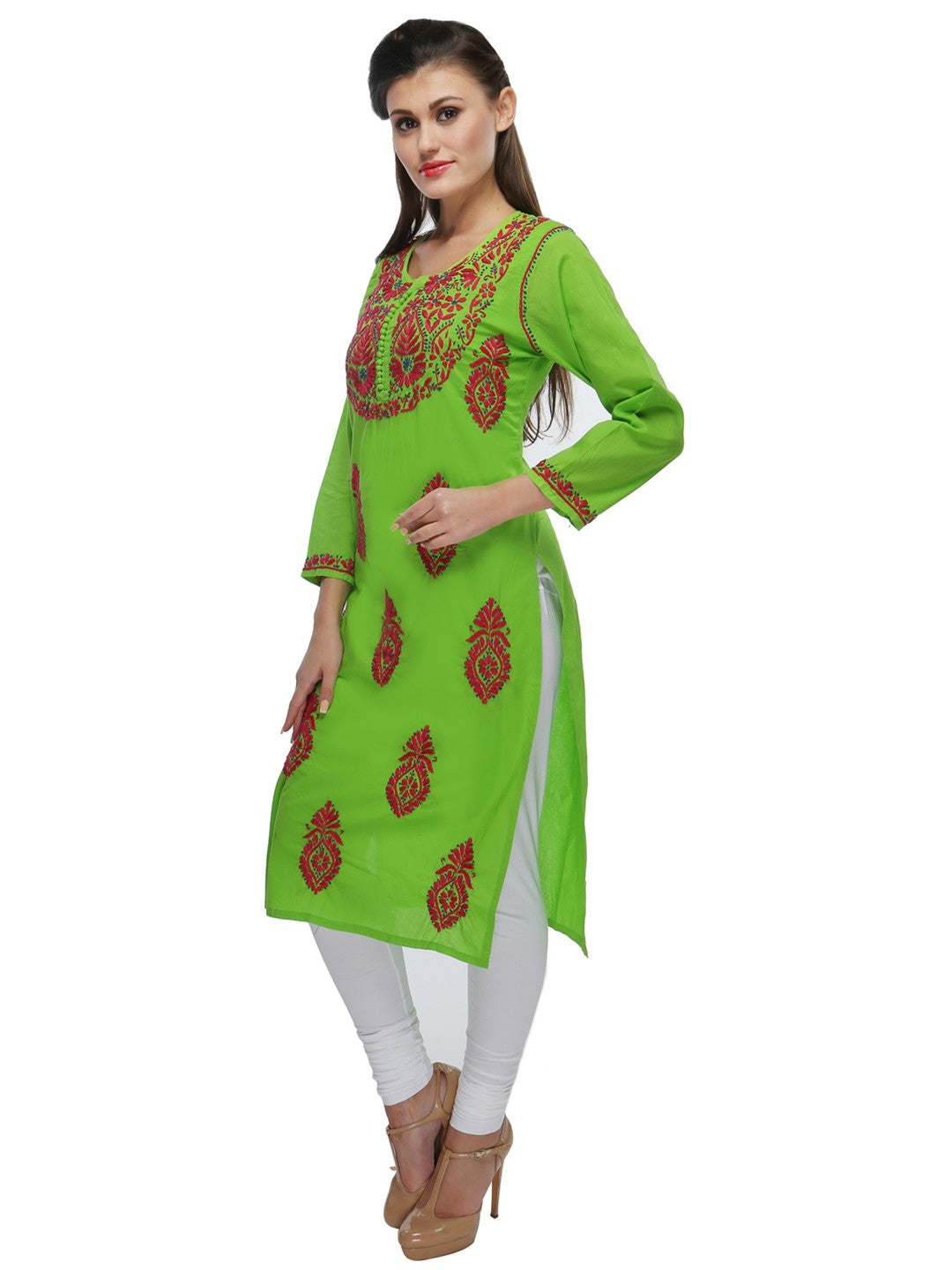 Ada Hand Embroidered Green Cotton Lucknow Chikankari Straight  Kurta A154127