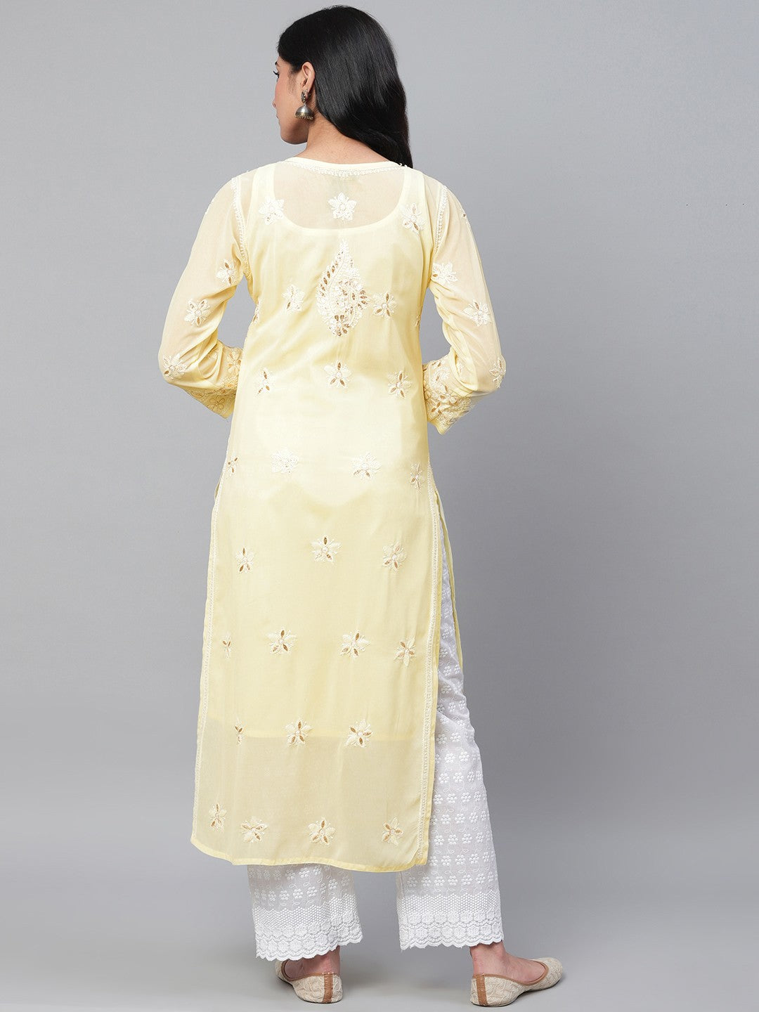 Ada Hand Embroidered Yellow Georgette Lucknowi Chikankari Straight Kurta/Slip with Gota patti Work A411111