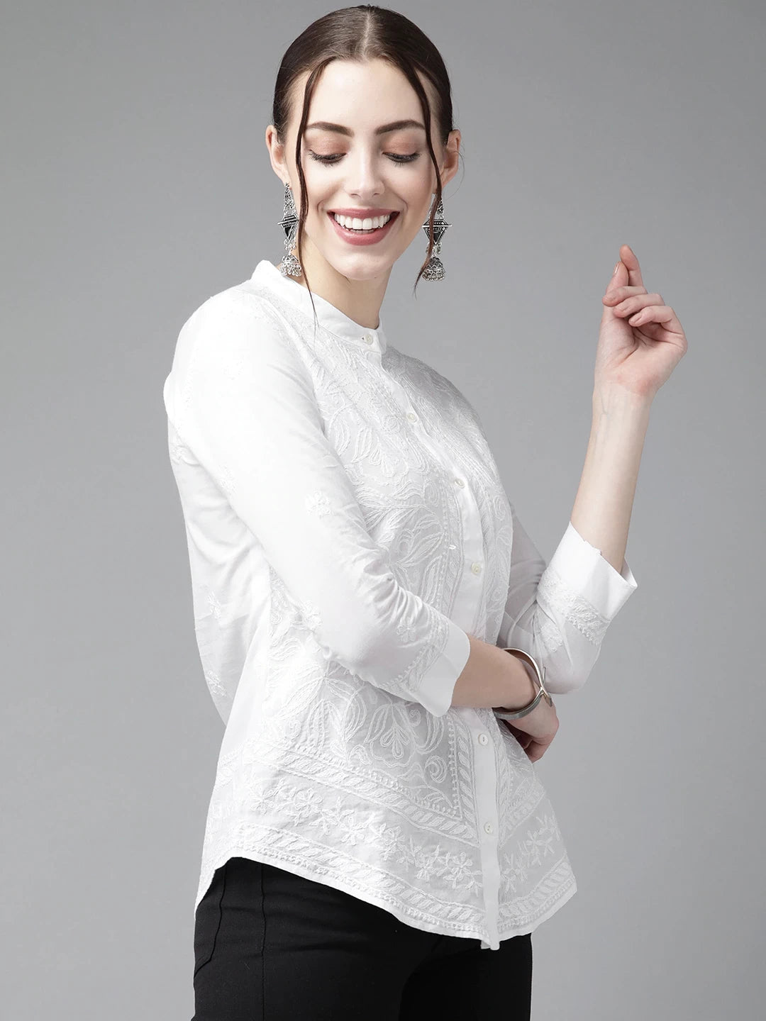 Ada Hand Embroidered White Cotton Lucknowi Chikankari Shirt A911221