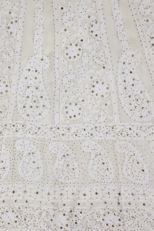 Ada Hand Embroidered White Pure Georgette Lucknowi Chikankari Semi-stitched Anarkali Kurta Dupatta Set With Muqaish Work- A625852