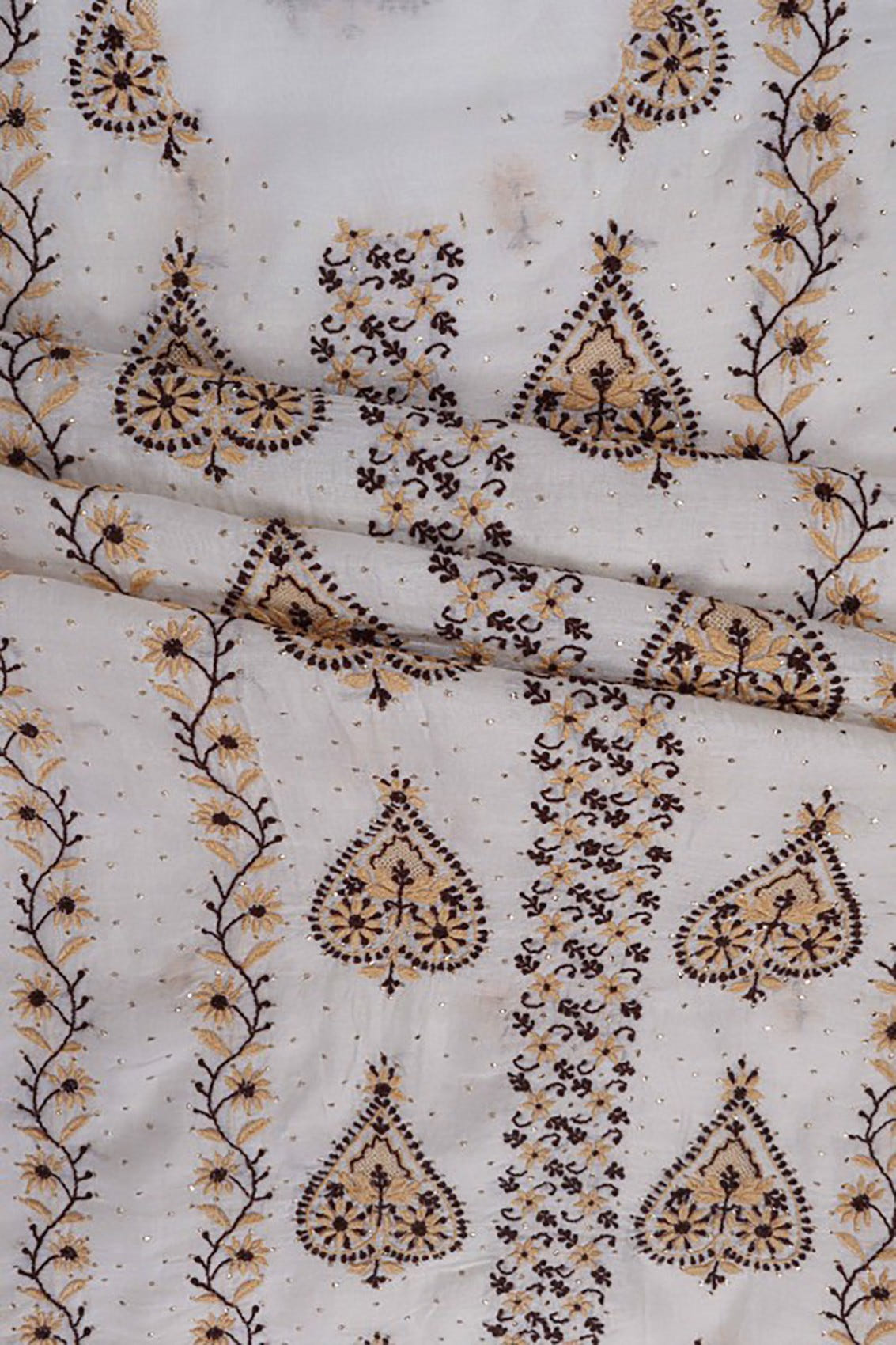 Ada Hand Embroidered Cream Chanderi Lucknowi Chikankari Unstitched Kurta Dupatta Set With Muqaish Work A570898
