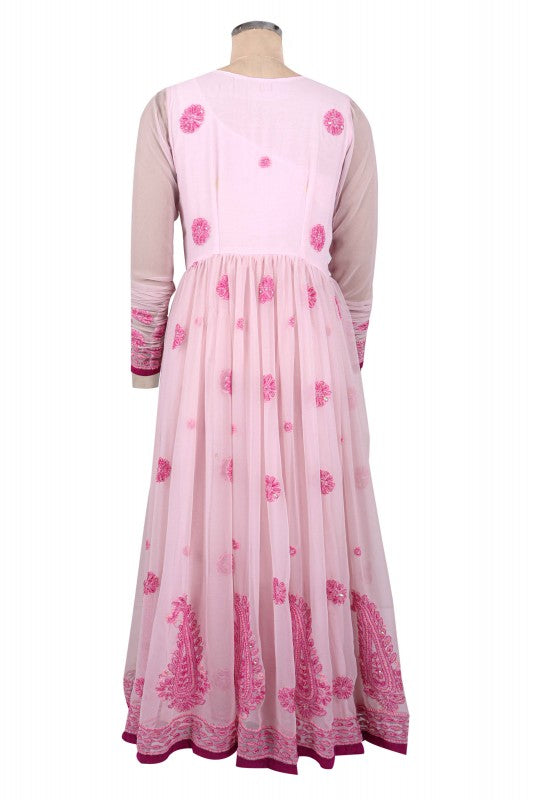 Ada Hand Embroidered Pink Georgette Lucknowi Chikan Stitched Anarkali Kurta with Pearl Work A40049