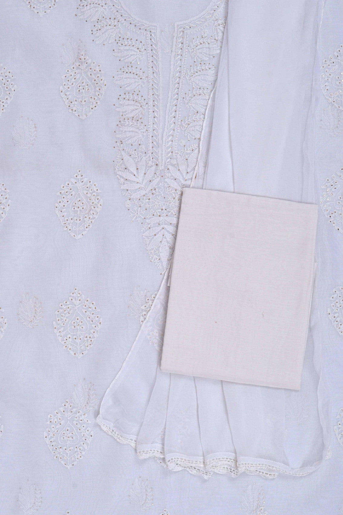 Ada Hand Embroidered White Kota Lucknowi Chikankari Unstitched Suit Piece With Muqaish Work 01A67182