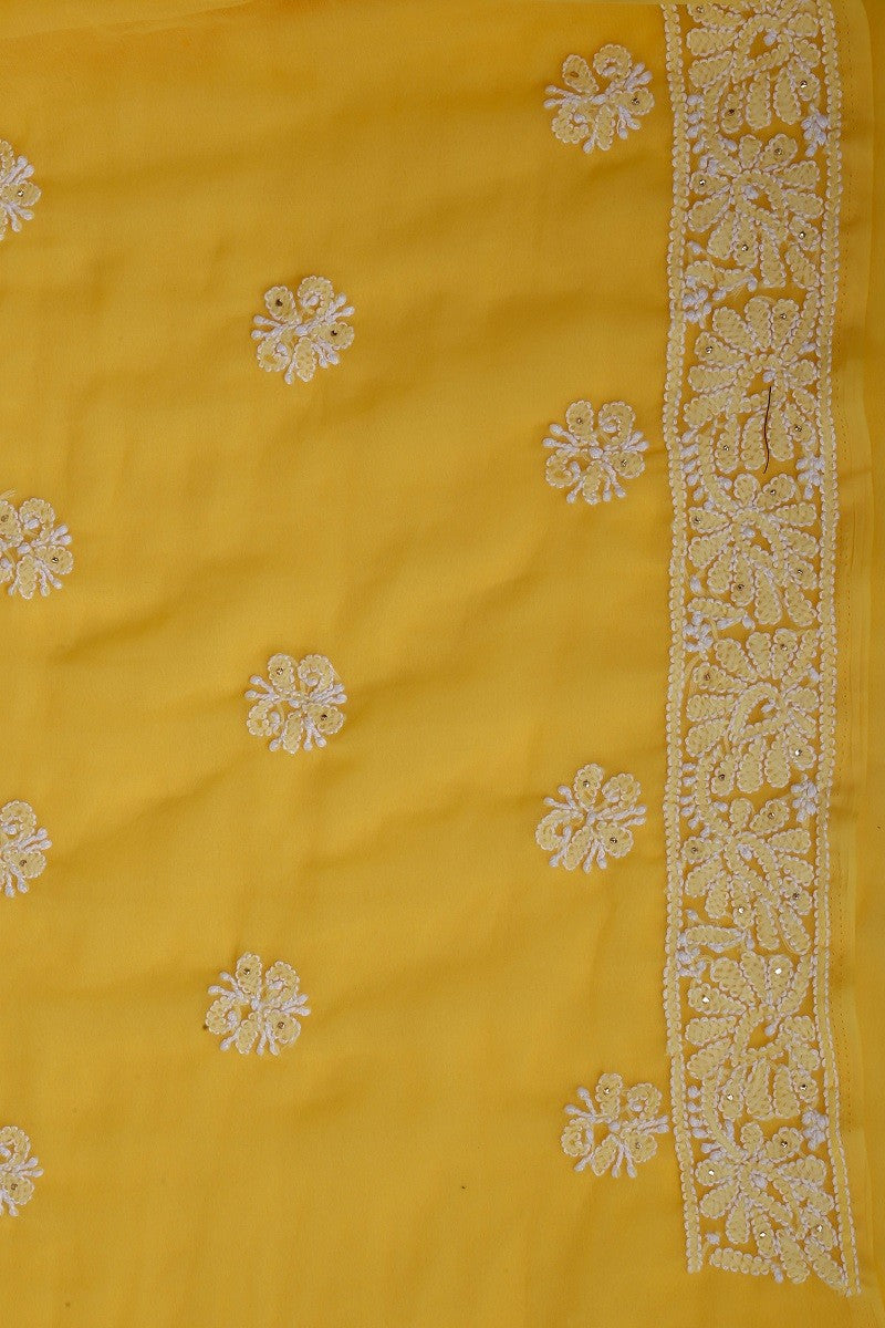 Ada Hand Embroidered Sunglow Yellow Georgette Lucknowi Chikan Unstitched Suit Piece with Muqaish Work A605776