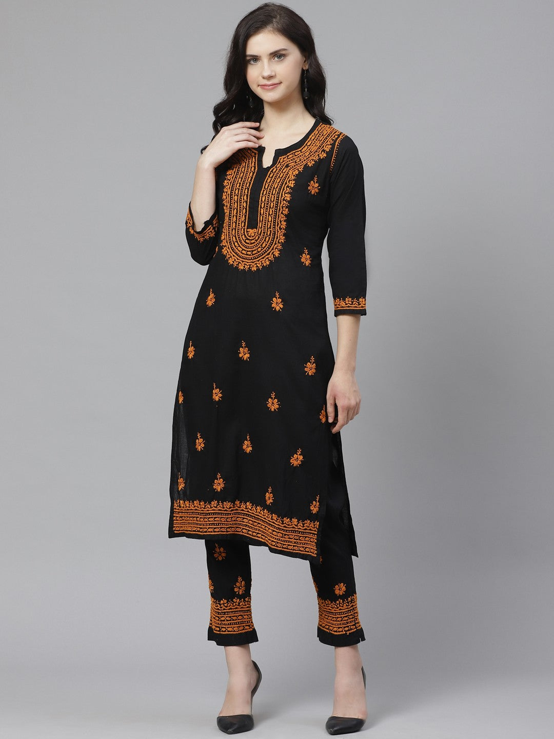 Ada Hand Embroidered Black Cotton Lucknowi Chikankari Kurta with Trouser Set A100553