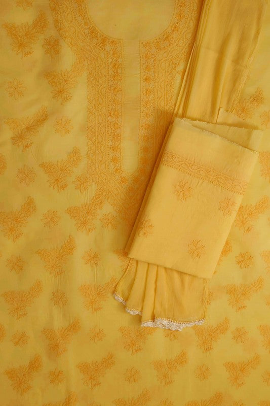 Ada Hand Embroidered Yellow Cotton Lucknowi Chikan Unstitched Suit Piece-A211143