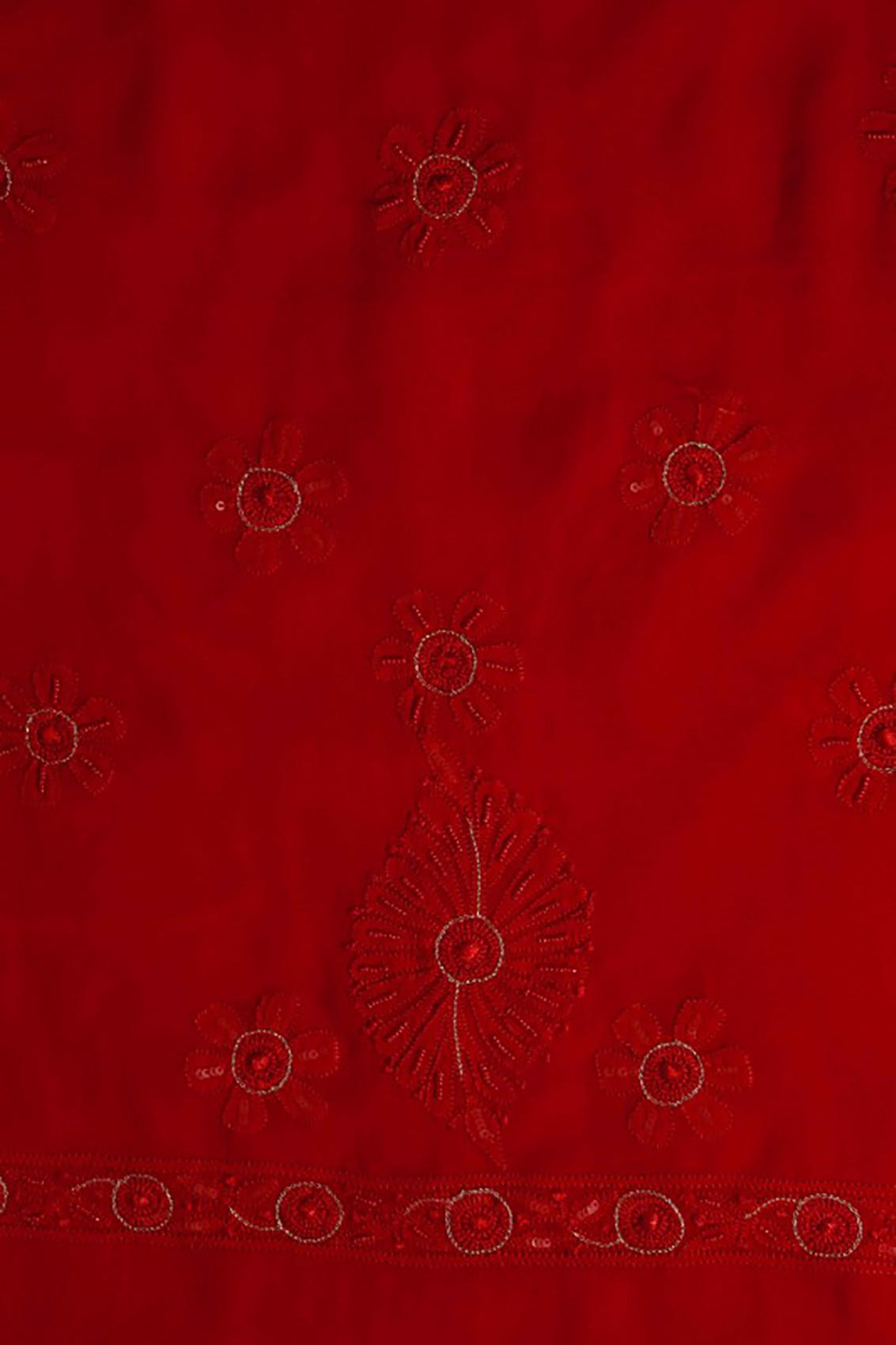 Ada Hand Embroidered Red Georgette Lucknowi Chikankari Unstitched Kurta Dupatta Set With Pearl & Sequinned work A611696