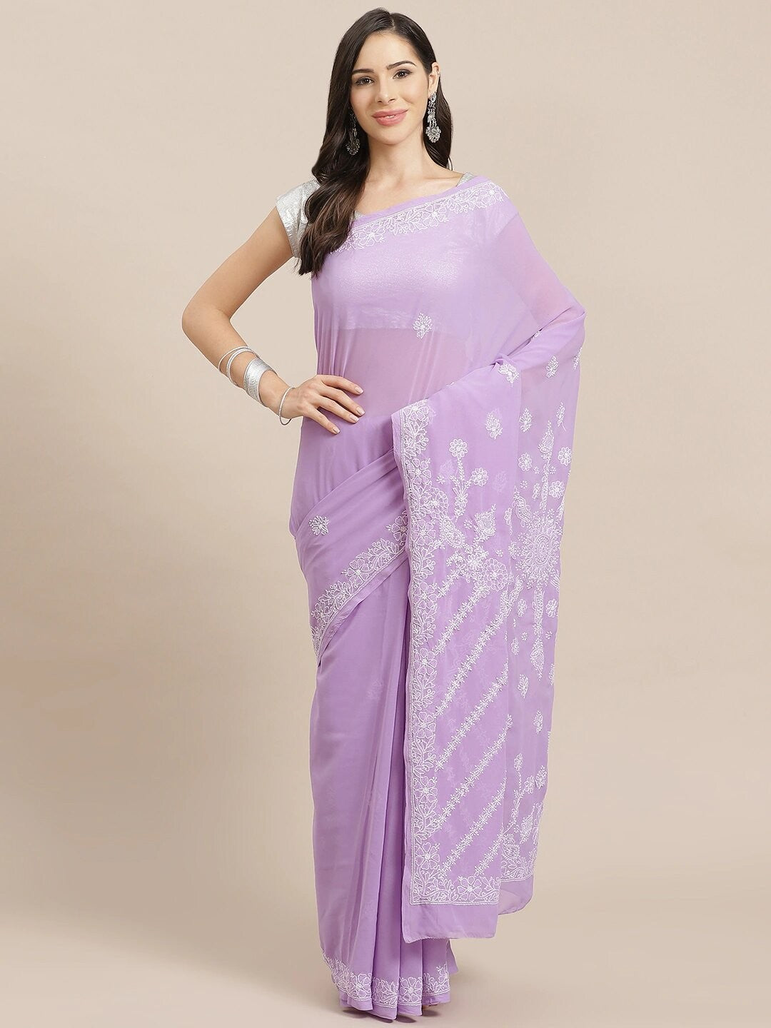 Ada Hand Embroidered Mauve Georgette Lucknow Chikan Saree with Blouse A129584