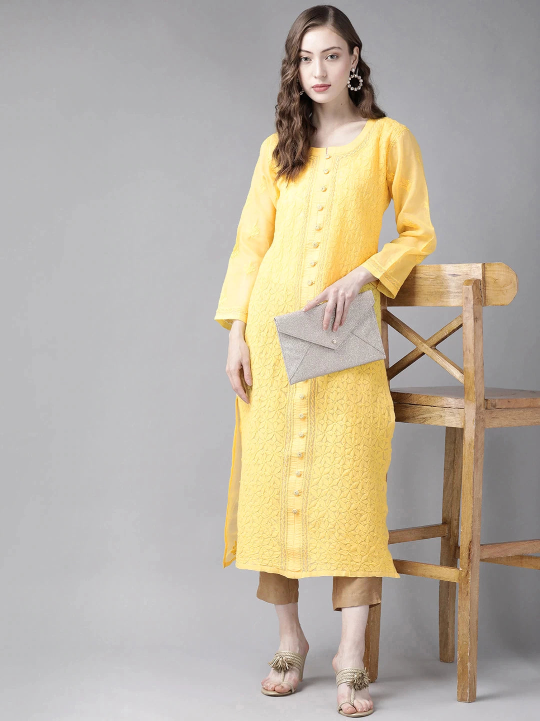 Ada Hand Embroidered Yellow Cotton Lucknow Chikan Straight Kurta A411247