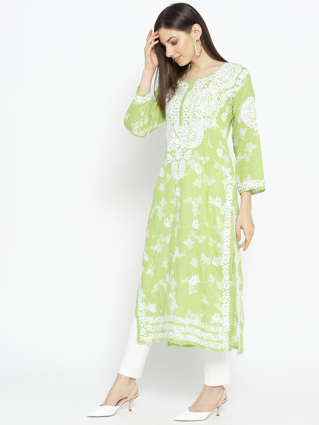 Ada Hand Embroidered Green Cotton Lucknowi Chikankari Straight Kurta A100113