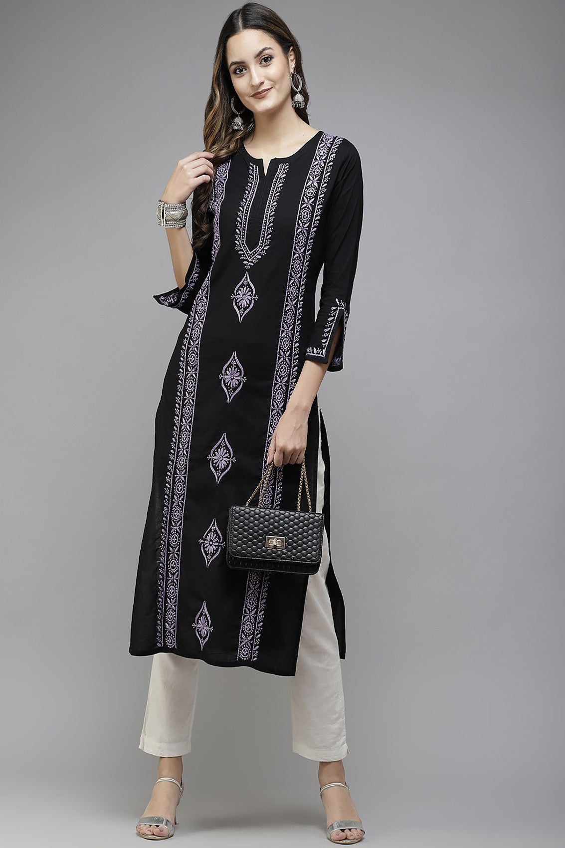 Ada Hand Embroidered Black Cotton Lucknowi Chikankari Straight Kurta A411394