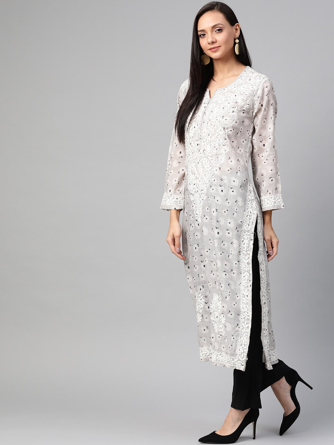 Ada Hand Embroidered Grey Cotton Lucknowi Chikankari Straight Kurta A100435