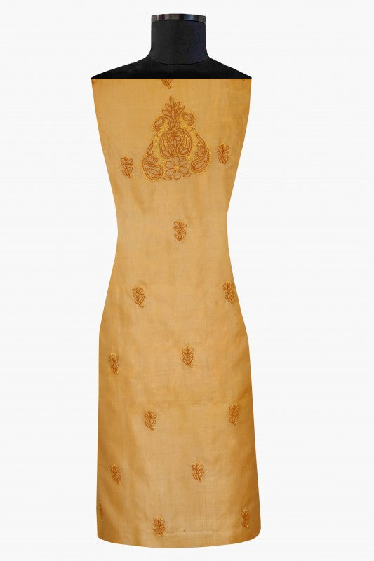 Ada Hand Embroidered Mustard Tusser Silk Lucknowi Chikan Unstitched Suit Piece-A508216