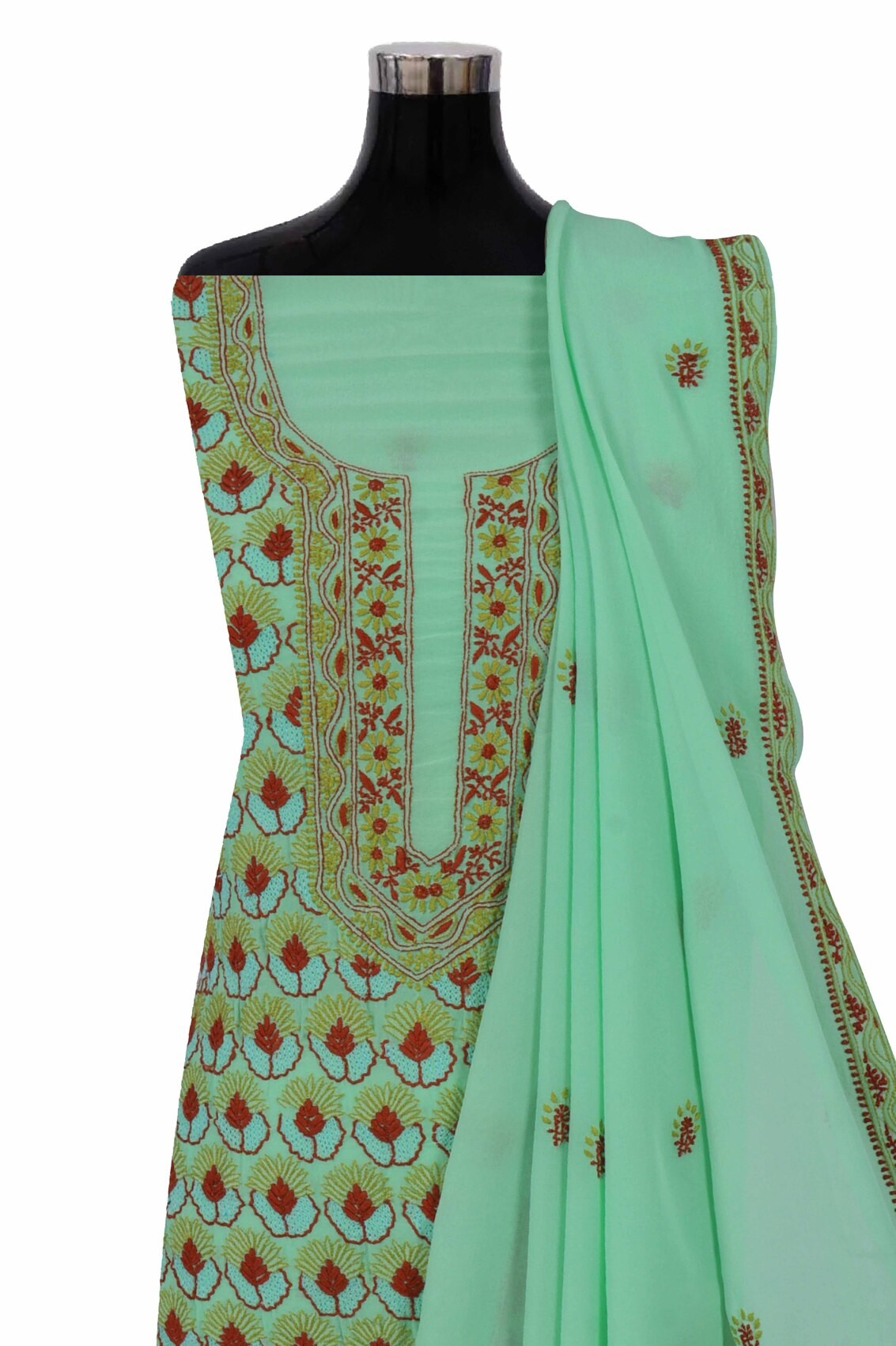 Ada Hand Embroidered Green Pure Georgette Lucknowi Chikankari Unstitched Kurta Dupatta Set A163541