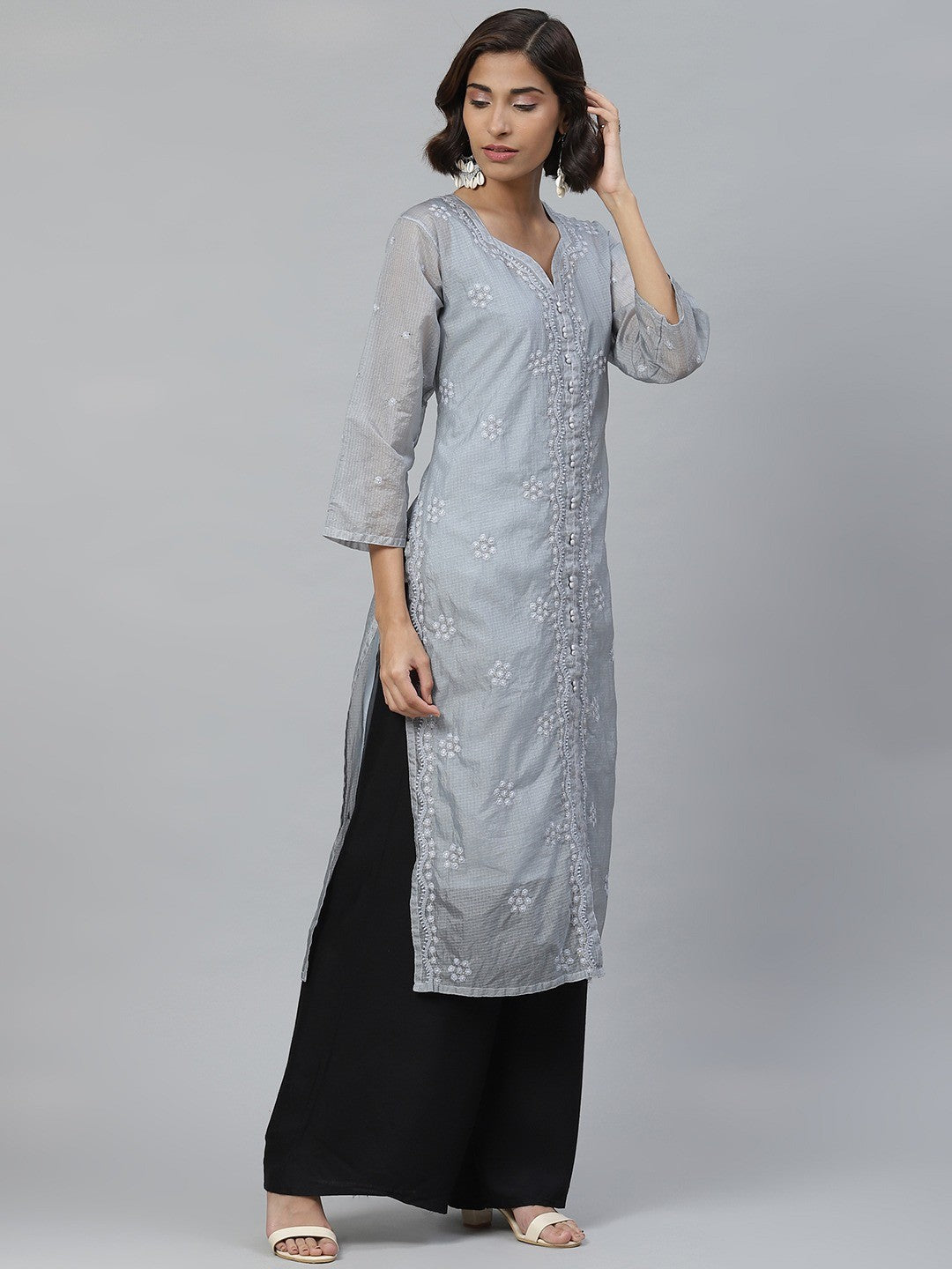 Ada Hand Embroidered Grey Kota Lucknowi Chikan Straight Kurta/Slip with Muqaish Work A411125