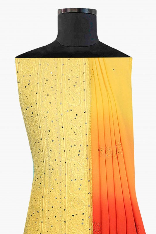Ada Hand Embroidered Yellow & Orange Shaded Georgette Lucknowi Chikankari Semi-stitched Anarkali Kurta Dupatta Set With Muqaish Work- A608779