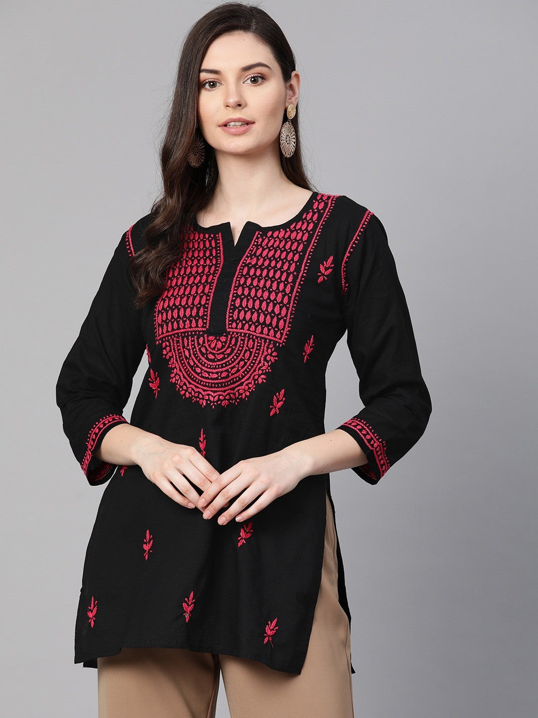 Ada Hand Embroidered Black Cotton Lucknowi Chikankari Straight Kurti A100387