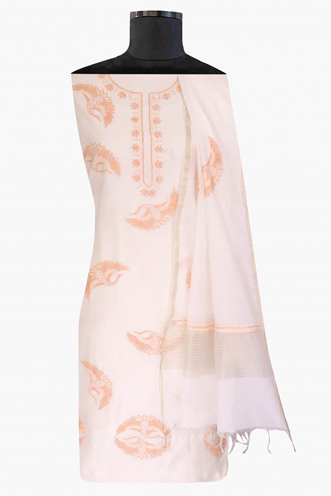 Ada Hand Embroidered Cream Chanderi Lucknowi Chikankari Unstitched Kurta Dupatta Set A360989