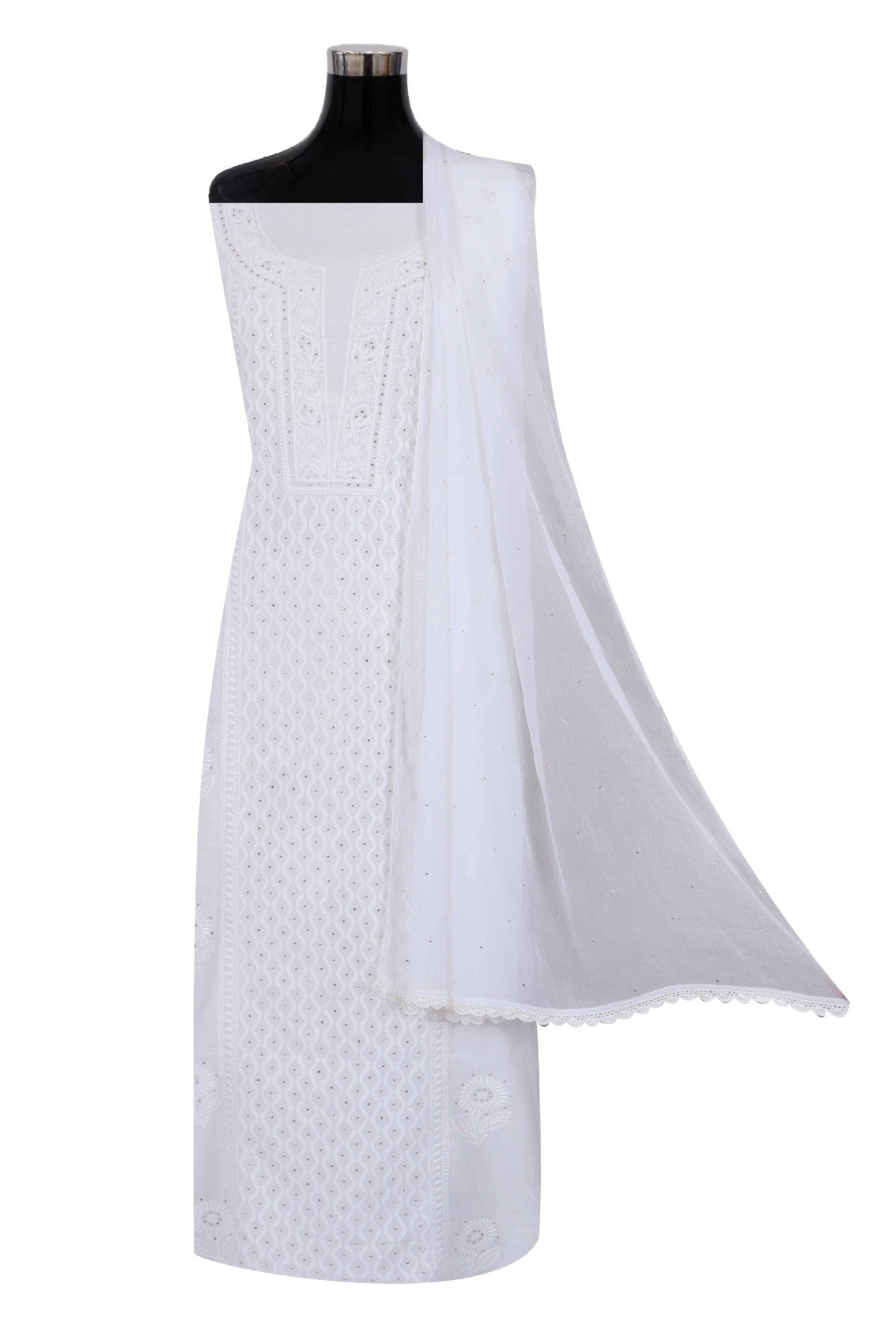 Ada Hand Embroidered White Cotton Lucknowi Chikankari Unstitched Suit Piece With Muqaish Work 01A259997