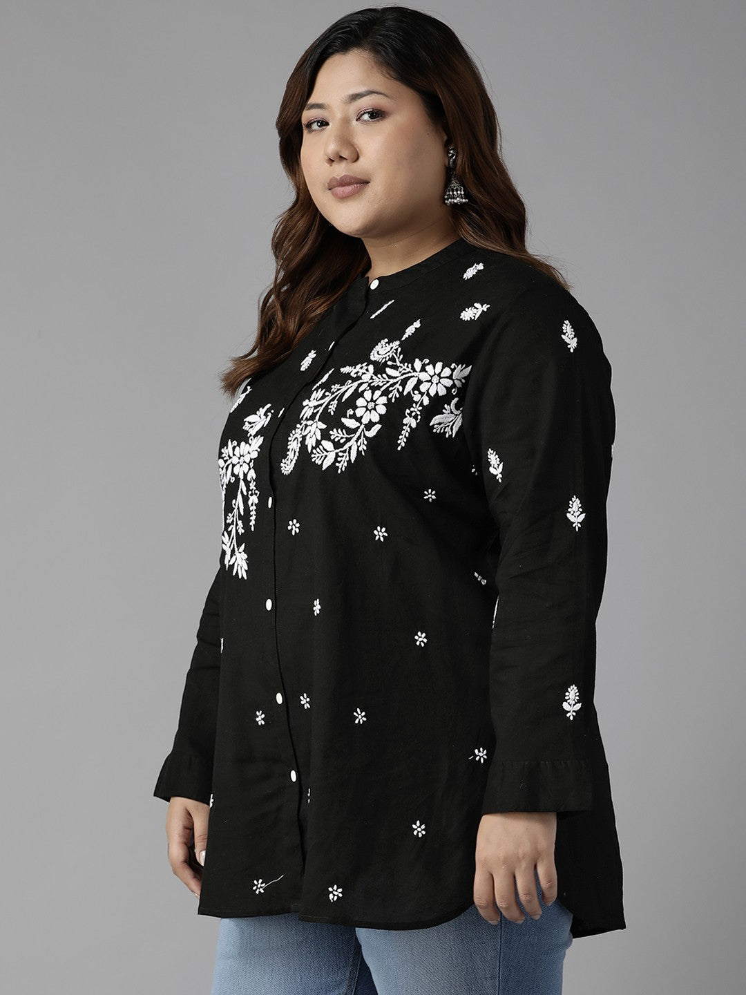 Ada Hand Embroidered Black Cotton Lucknowi Chikankari Short Kurti A911222