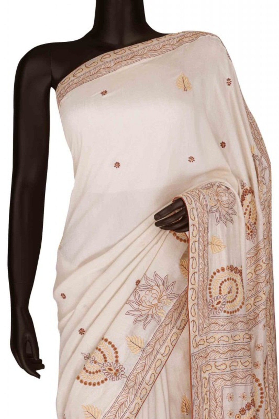 Ada Hand Embroidered Cream Chanderi Lucknowi Chikankari Saree With Blouse A74579